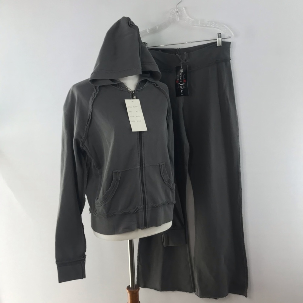 Sweet Juliet Dark Grey Raw Edge Hooded Flare Leg Sweat Suit Set